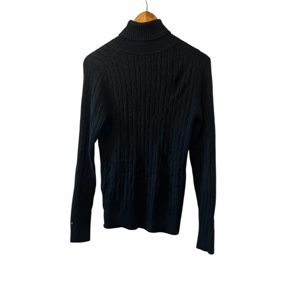 TOMMY HILFIGER Wool Alpaca Blend Black Cable Knit Fitted Turtleneck Sweater L - Picture 3 of 8